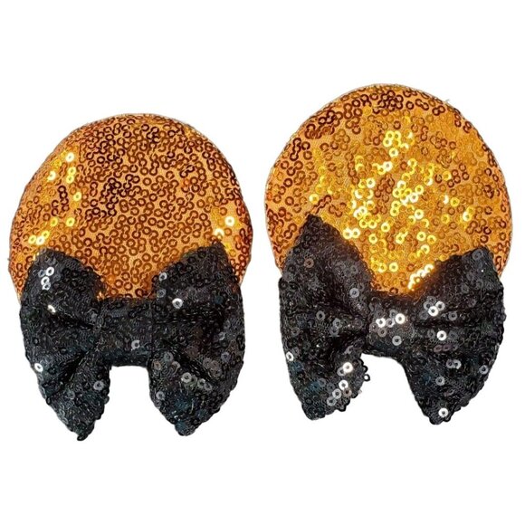 Minnie Mouse Ears Hair Clips Barrette Orange Sequins Black Bow Hair Care - Picture 1 of 9